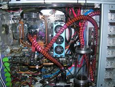 the inside of a computer with many wires