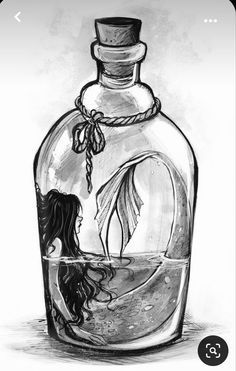 a drawing of a bottle with a fish in it and a woman's head inside