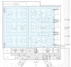 the floor plan for an indoor basketball court, with multiple courts and benches on each side