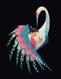 an illustration of a woman reading a book in front of a swan