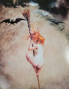 a painting of a naked woman holding a broom with bats flying above her and on the ground