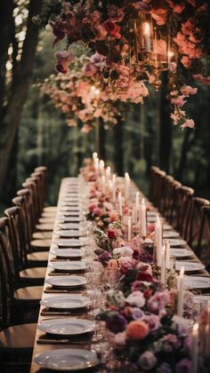 a long table with candles, plates and flowers is set for an outdoor dinner party