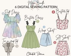 six different types of sewing patterns for women's tops and skirts, with text that says