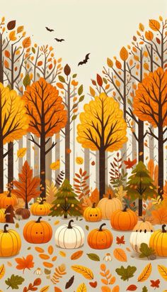 an autumn scene with pumpkins and trees