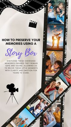 an advertisement for the movie story box, with multiple pictures and film reels on it