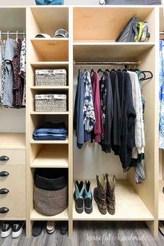 an organized closet with clothes and shoes on the shelves, drawers, and bins