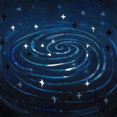 the stars are spinning in the dark blue night sky with white circles and lines that appear to be swirling