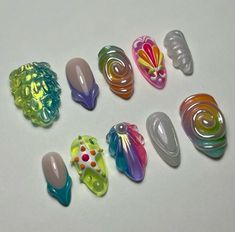 Clowncore Nails, Ariana Nails, Clown Nails, Circus Nails, Sculpted Gel Nails, Aesthetic Fruit, Nailinspo Nailart, Rainbow Mermaid, Y2k Nails