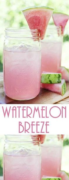 watermelon and cucumber drink in mason jars with text overlay that reads, watermelon breeze