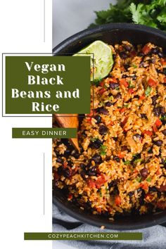 vegan black beans and rice in a skillet with cilantro on the side