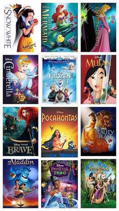 the disney movies are shown in this collage with each movie character's name