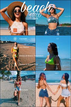 four different pictures of women in bikinis on the beach