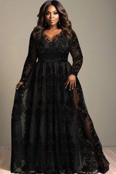 Xpluswear Design Plus Size Party Black Halter Collar See Through Lace Midi Dresses Black Formal Dresses Plus Size, Black Wedding Dresses Plus Size, Plus Size Semi Formal, Lace Maxi Dresses, Black V Neck Long Sleeve, Witches Ball, Ball Outfit, Plus Size Ball Gown, Black Wedding Gowns