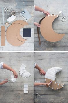 the steps to make a moon chair out of cardboard and toilet paper are shown in four different ways