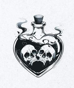 Heart Shaped Skull Tattoo, Wine Bottle Tattoo Design, Dark Witchy Tattoos, Goth Aesthetic Drawing, Skull Love Tattoo, Toxic Tattoo Ideas, Skeleton Lovers Tattoo, Skull Flash Tattoo, Rotten Tattoo