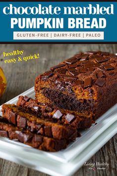 chocolate marbled pumpkin bread on a plate with text overlay that reads, chocolate marbled pumpkin bread