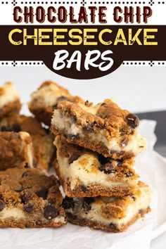 chocolate chip cheesecake bars stacked on top of each other with the title above it