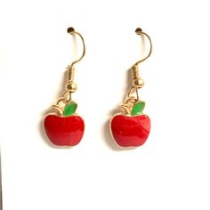 Pretty Little Red Apple Earrings Enameled On Golden Background. Perfect Small Gift For Your Favorite Teacher. Trendy Red Enamel Earrings, Red Enamel Trendy Earrings, Cute Red Enamel Earrings, Apple Jewelry, Disney Challenge, Future Bedroom, Apple Jack, Apple Earrings, Golden Background