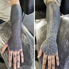 two pictures of the same person's arm with tattoos on it and one showing their hand