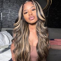 Balayage Body Wave 13x4 HD Lace Full Frontal Straight Hair Human Hair Wig With Highlights Modern Balayage Wig, Streaking Cap Highlights Hair Colors, Highlight Hair, Honey Blonde Highlights, Hair Idea, Bride Hair, Black And Blonde, Lace Front Human Hair, Body Wave Wig