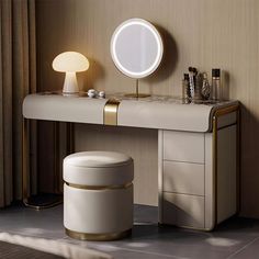 a vanity table with a mirror, stool and lights on it in front of a window