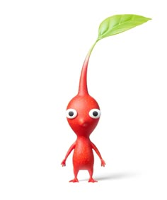 a red plant with eyes and a green leaf sticking out of it's head