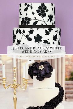 black and white wedding cakes with flowers on top are featured in the magazine elegant black & white wedding cakes