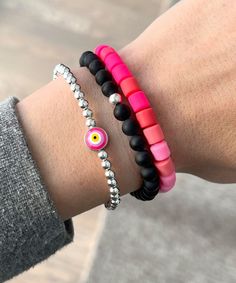 Panther Bracelet, Bracelet Trio, Pink Panther, Pink Panthers, Stackable Bracelets, Black Agate, Polymer Clay Beads