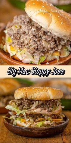 two pictures of hamburgers with different toppings