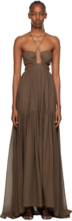 Semi-sheer cotton chiffon cover up dress. · Plunging neck · Gathering at waist · Adjustable shoulder straps · Elasticized hook-eye strap at back · Unlined Available exclusively at SSENSE. Supplier color: Desert Palm Semi Fitted Dress Style, Sheer Chiffon Dress, Desert Dress, Desert Palm, Chiffon Cover Up, Chiffon Summer Dress, Boho Style Outfits, Plunging Neck, Looks Street Style