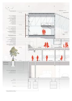 an architectural drawing shows people walking and standing around the building's interior area, with red silhouettes on the walls