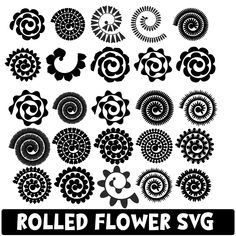 an assortment of black and white circular designs with the words rolled flower svg on it