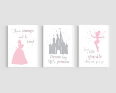 three disney princess wall art prints in pink and gray