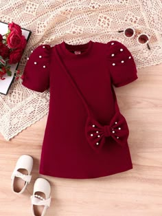 Burgundy Cute Collar Short Sleeve Knitted Fabric Plain Tee Embellished Medium Stretch  Young Girls Clothing Baby African Clothes, African Kids Clothes, Butterfly Bag, Kids Dress Collection, Fall Baby Clothes, Baby Party Dress, Girls Dress Sewing Patterns