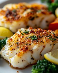 a white plate topped with fish, broccoli and lemon wedges