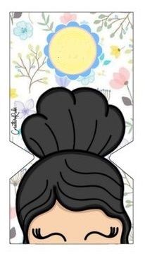 the paper doll has black hair and is wearing a flowered headband with her eyes closed