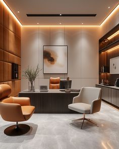 an office with two chairs and a desk in the middle is lit by recessed lighting