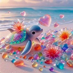 a painting of a sea turtle surrounded by bubbles and flowers on the beach with hearts floating in the air