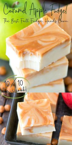 caramel apple fudge cut into squares and stacked on top of each other with text overlay Fudge With Marshmallows, Caramel Apple Fudge, Apple Fudge, Caramel Apple Suckers, Homemade Caramel Apple, Apple Cider Drink, Fudge Pops, Caramel Apples Homemade