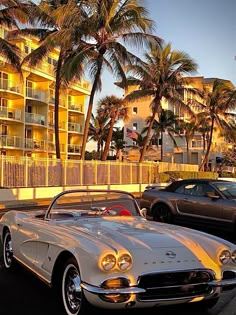 two classic cars parked next to each other in front of a building with palm trees