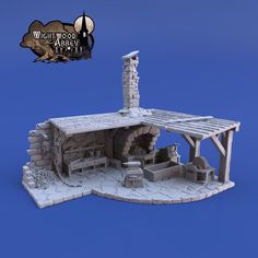 a white model of a stone building with a chimney on the roof and an awning over it