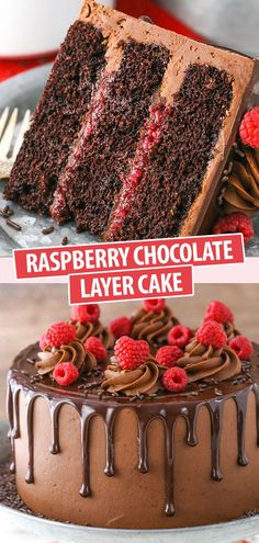 two pictures side by side one has a chocolate layer cake and the other has raspberry chocolate layer cake