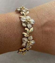 Rare Vintage Harry S Bick HSB 14K Sterling Floral Bracelet. Size: 6.75, (7.00 including hook) x 0.75", Weight- 29.6g.  Markings: HSB Hallmark, S.S.  In excellent condition.  Amazing detailed and intricate work.  Sold as is. Pre-Owned. Gold Sterling Silver Hallmarked Bracelet For Anniversary, Gold Sterling Silver Engraved Bracelet For Wedding, Gold Vintage Bracelets, Elegant Hallmarked Bracelets For Wedding, Gold Sterling Silver Engraved Bracelet For Formal Occasions, Formal Gold Sterling Silver Engraved Bracelet, Vintage Gold Sterling Silver Anniversary Bracelet, Vintage Gold Sterling Silver Bracelet For Anniversary, Gold Sterling Silver Hallmarked Bracelet For Wedding