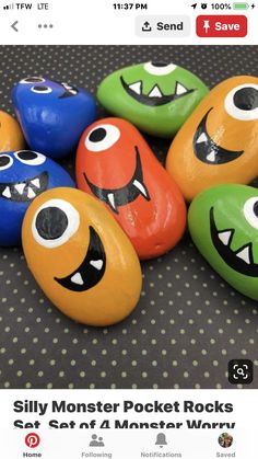 some fake rocks with faces painted on them and the caption says silly monster pocket rocks