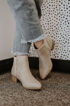 Taupe Plain Jane Booties Plain Jane, Boutique Trends, Short Heels, Simple Shoes, Thick Socks, Suede Fabric, Taupe Color, Plain Black, Black Fits