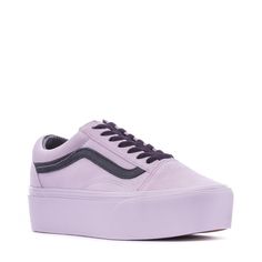 Nothing screams attitude like a pair of stunning lavender platform shoes. Vans Old-Skool Stackform is the height of cool on the platform front, with a 34mm sidewall height for maximum coverage. The suede and canvas uppers ensure stability, while the lace-up closure and supportive padded collars add comfort to the practical side. These lavender platform shoes are all about the look, a cool-as-cool aesthetic that remains undefeated after all these years. Throw in Vans' iconic side stripe and signature rubber waffle outsoles, and you've got platform shoes worth paying attention to, now and forever. Features: Upgraded with a 34 mm platform height. Allover suede upper with a leather sidestripe. Vans' iconic sidestripe shoe. Details: Lace-up closure. Supportive padded collars. Signature rubber w Casual Purple Lace-up Platform Sneakers, Purple Vans Shoes, Purple Lace-up Platform Sneakers, Trendy Purple Vans Sneakers, Purple Vans Sneakers With Rubber Sole, Old Skool Stackform, Purple Vans, After All These Years, Shoes Vans