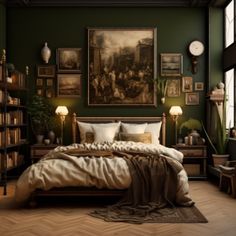 a bedroom with green walls and pictures on the wall