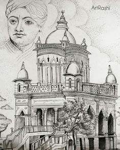 a drawing of a building with stairs leading up to it and a woman's face in the background