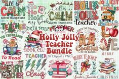 a large poster with many different types of christmas related items and words, including books, letters