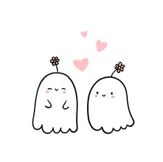 two cute little ghost with flowers on their heads and hearts in the background, one is drawn